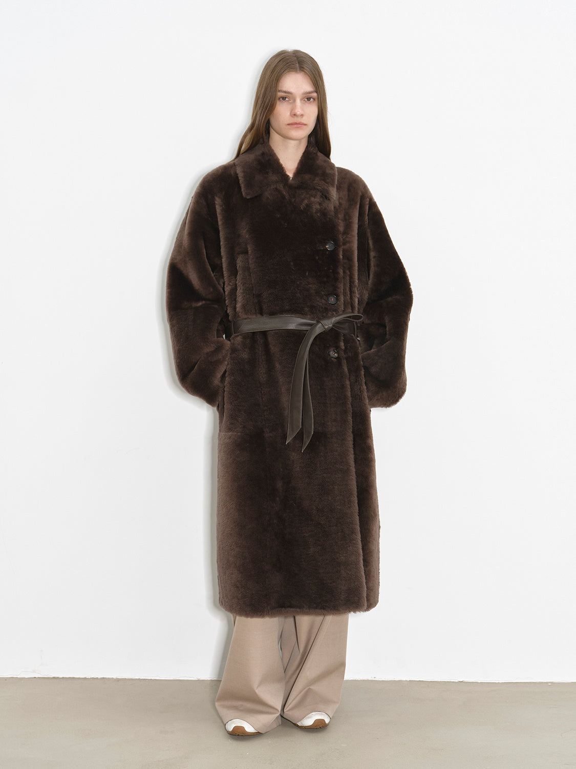 "Mocha Phantom" Merino wool dropped shoulder long asymmetric placket sheepskin coat-0