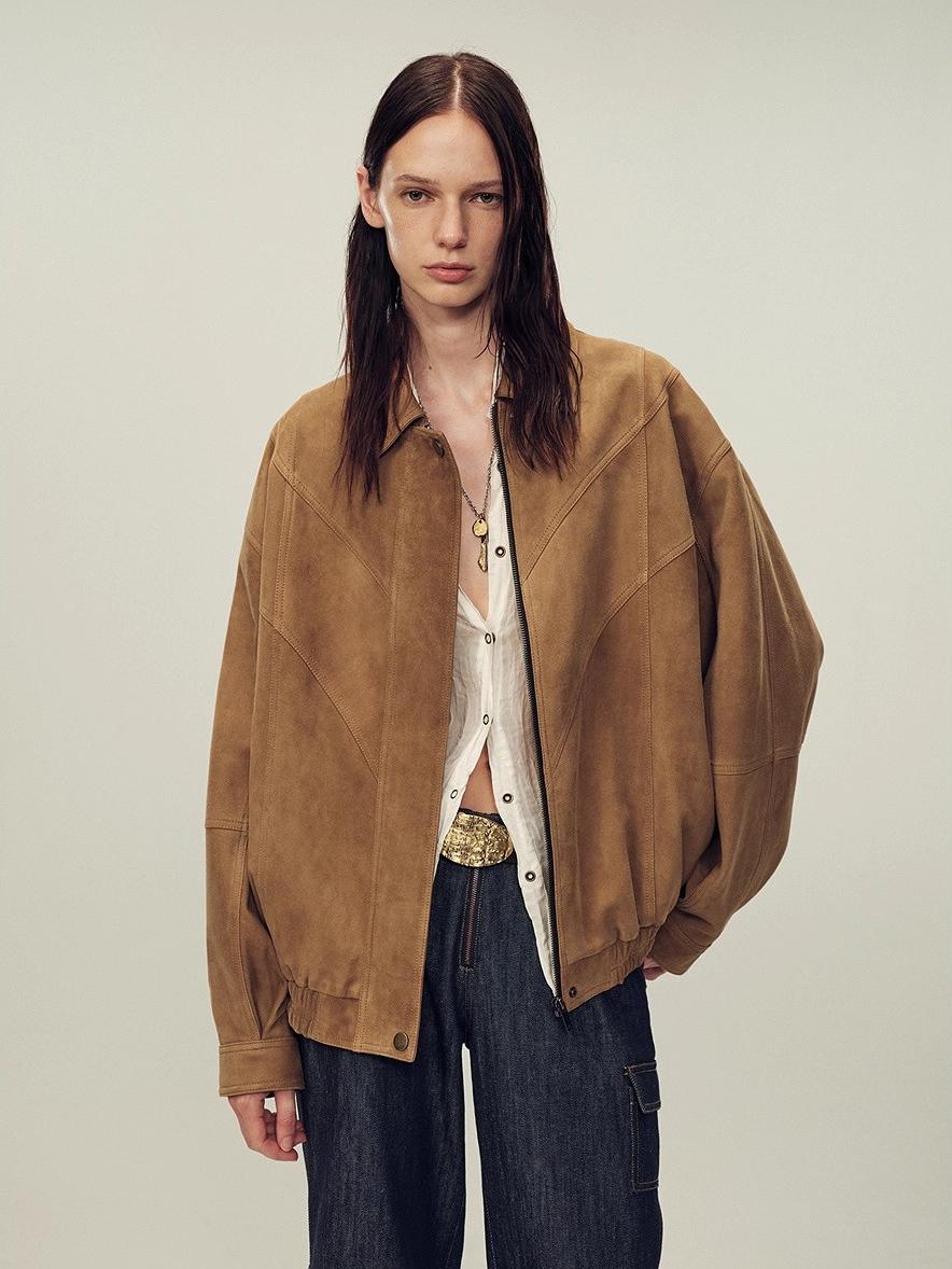 Fireladyfur Women's Suede Top-Grain Sheepskin Leather Jacket-3