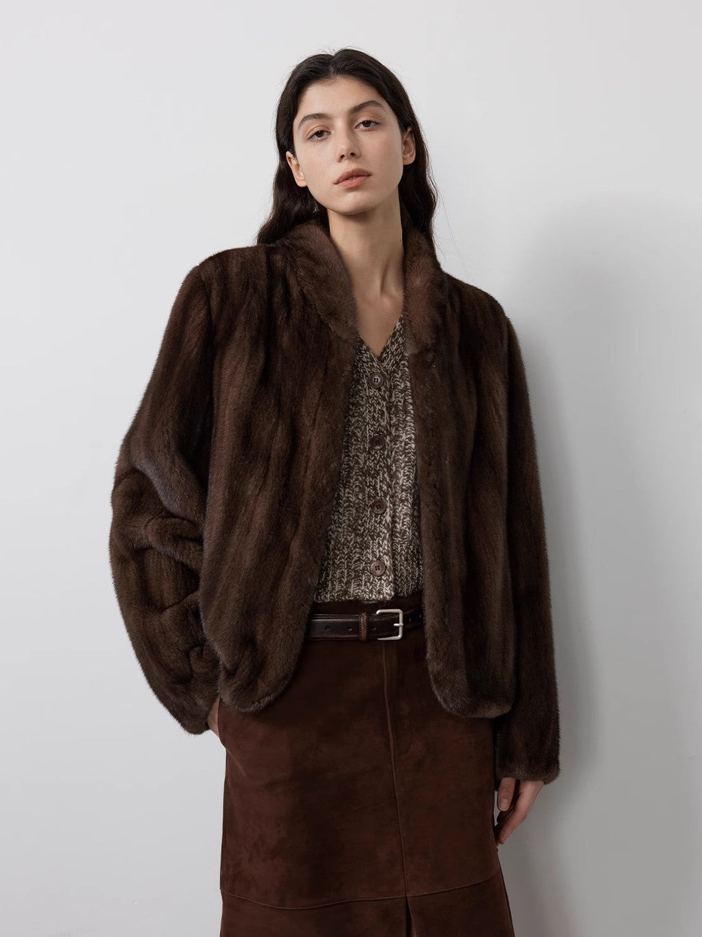 Warm coffee mink retro imported stand collar short mink fur coat-1