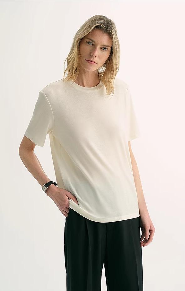 "Soft Cloud" 15.5mm cashmere loose and comfortable round neck versatile short-sleeved T-shirt for women-0