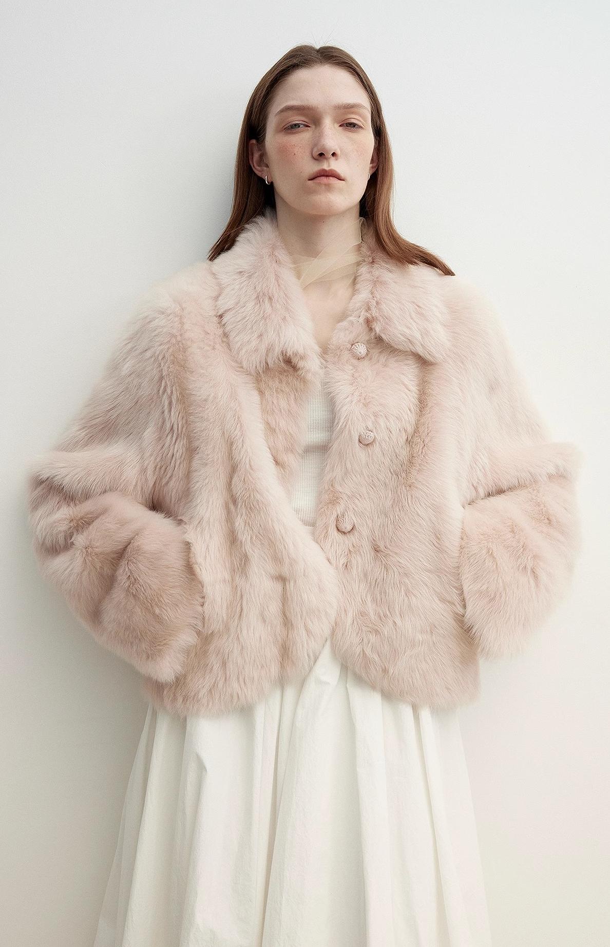"Autumn Secret" Pink Lapel Tuscan Straight Fur Sheepskin Short Jacket-0