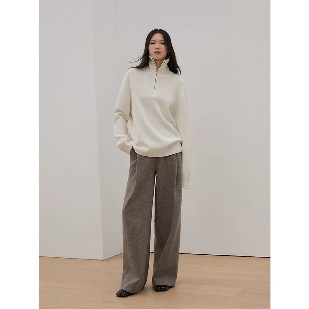 "Moonlight Farm" Merino wool lazy loose pullover sweater women's zipper turtleneck sweater-0