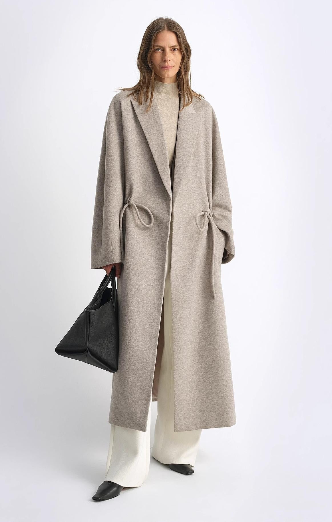 "Desert Heart"women's original color wool peaked lapel drawstring mid-length wool coat-0