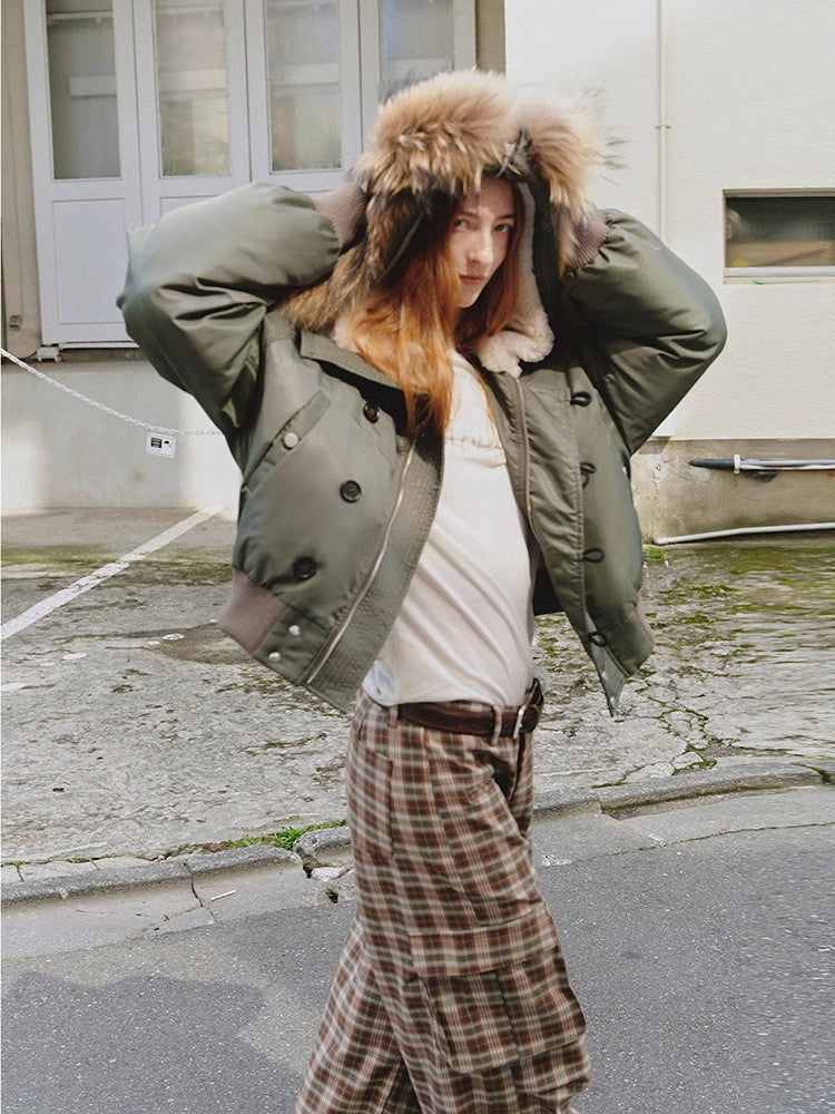 Fireladyfur Warm Short Style Jacket with a Large fur Hood and Raccoon Fur"Cool and Sharp"-3