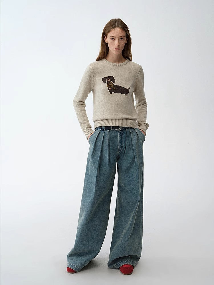 Animal design pattern Merino Wool Cotton Blend Round Neck Long Sleeve Sweater，"Brani"-0