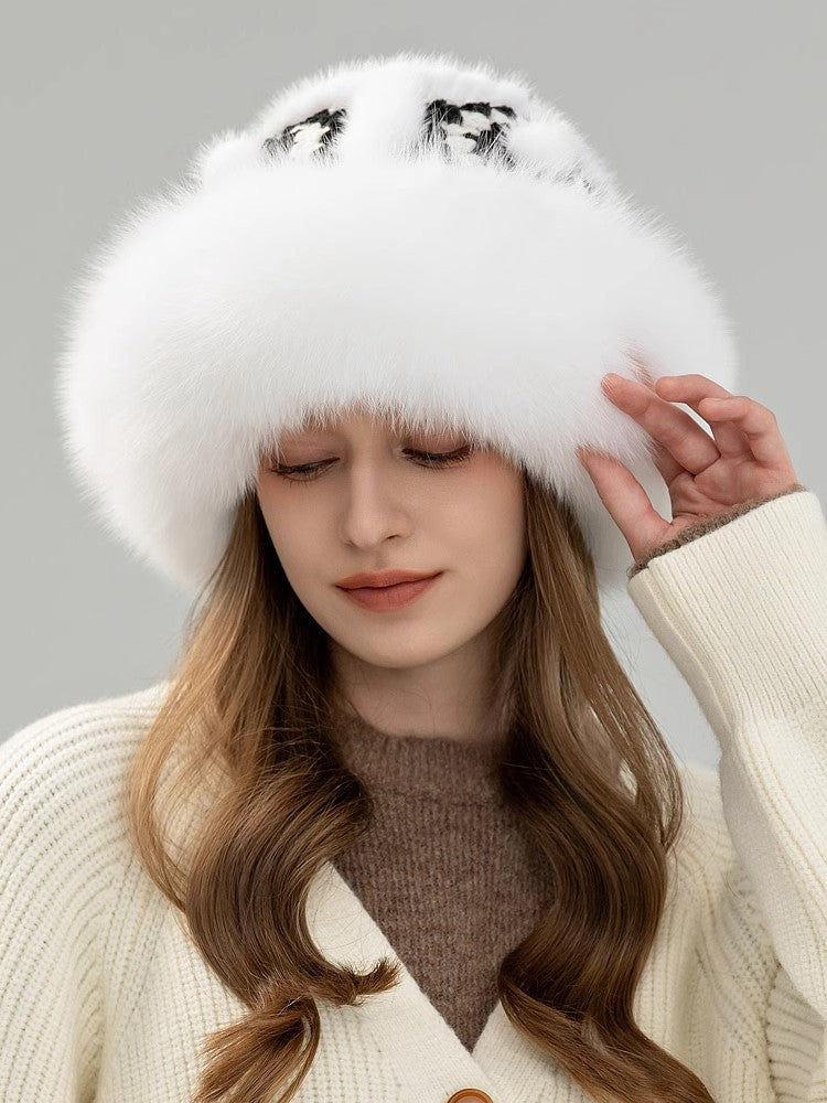 Ethnic style mink warm ear protection fox fur bucket hat-4