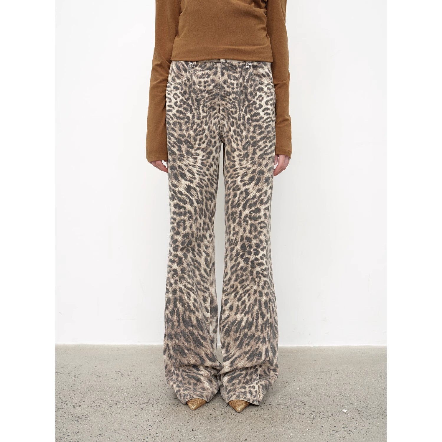 “Wild roar”vintage original leopard print Turkish imported washed slimming straight-leg bootcut jeans-1