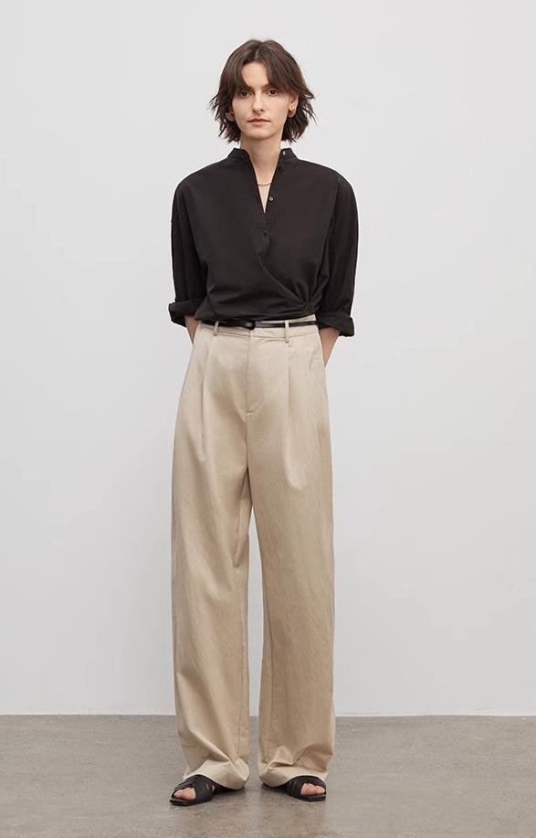 Spliced double-pleat wide-leg trousers straight-leg trousers for women-0