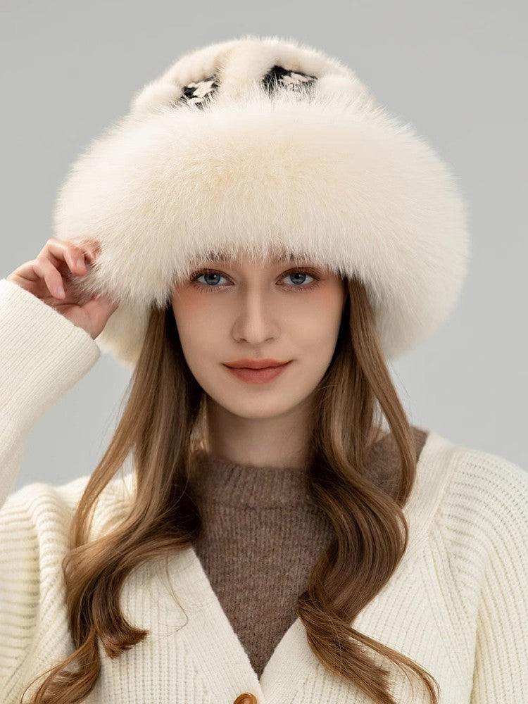 Ethnic style mink warm ear protection fox fur bucket hat-0