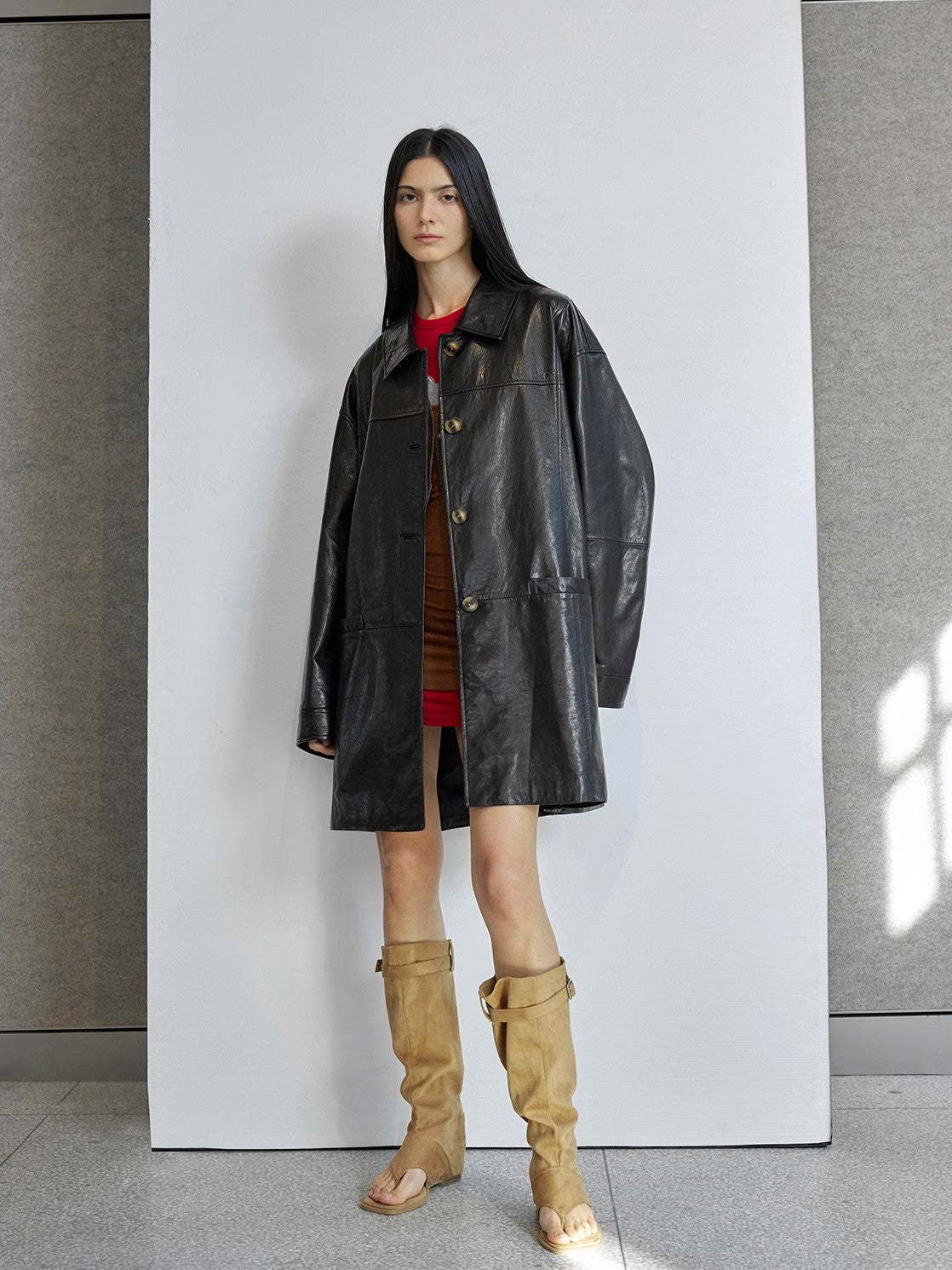 Limited Edition Waxed Goat Leather/Retro Casual Lapel Mid-Length Leather Jacket “Notting Hill Diary”-3