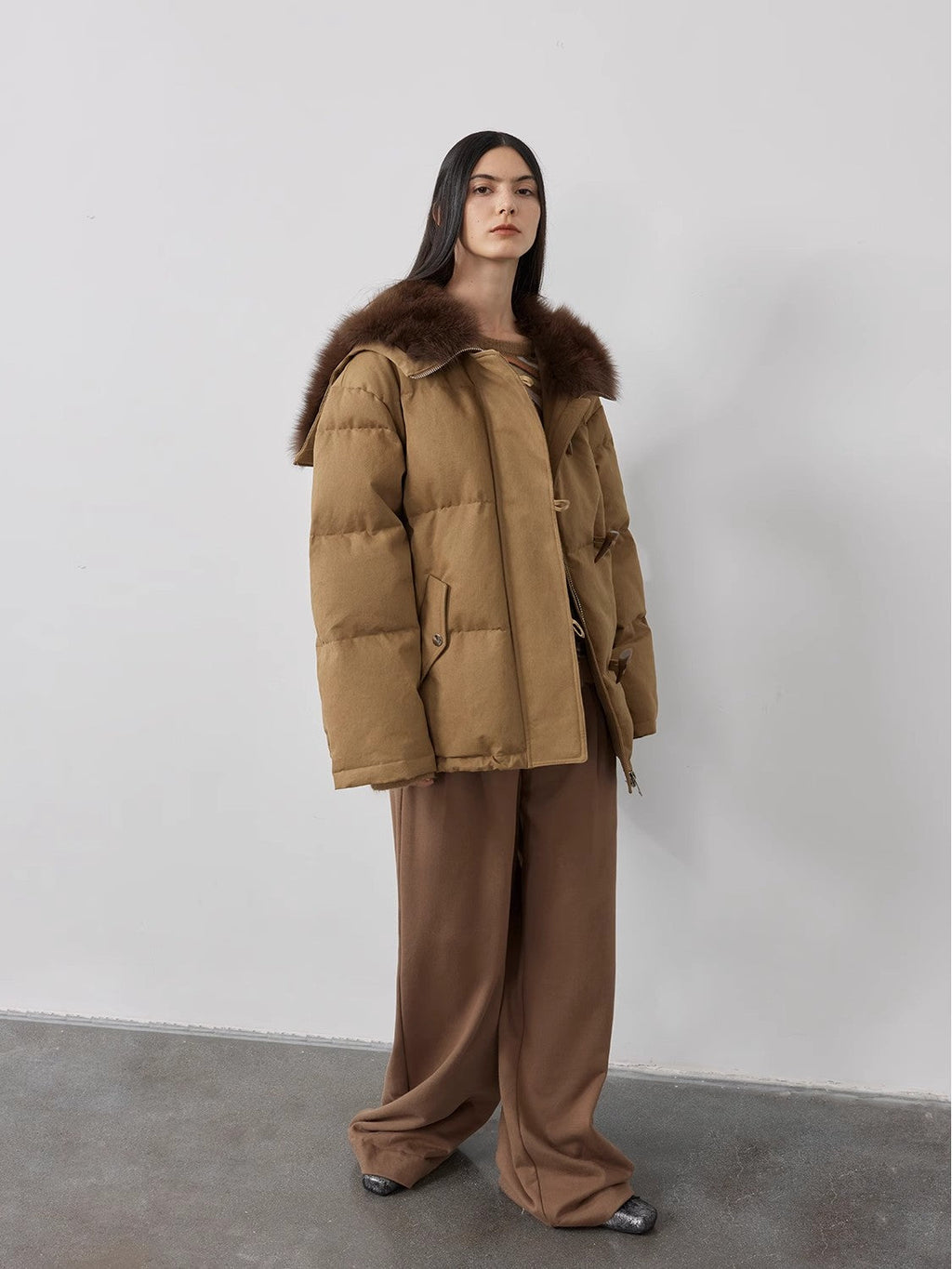 Fireladyfur Women's Down Parka with Fox Fur and Large Lapel“Street Badge”-3