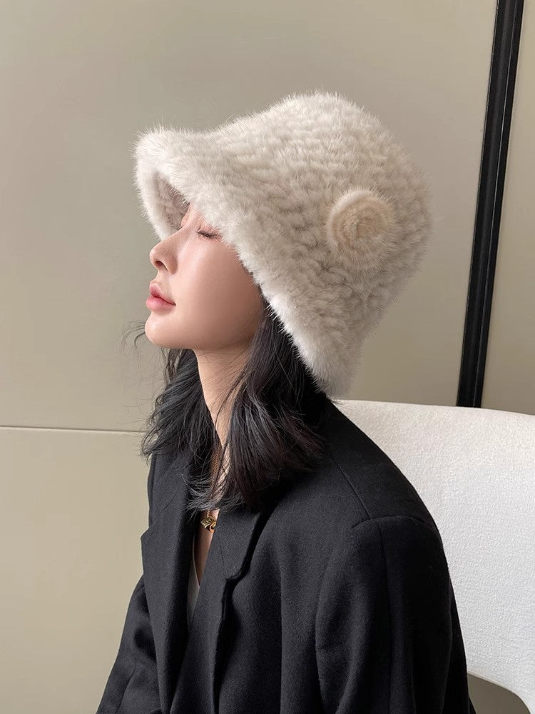 Mink Woven Fur Hat Women's Camellia Flower Bucket Hat-2