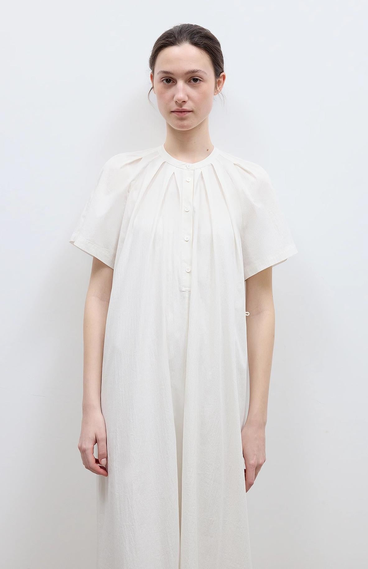 "First Love Island" Cotton Stand Collar Pleated Short Sleeve Shirt Dress for Women-4