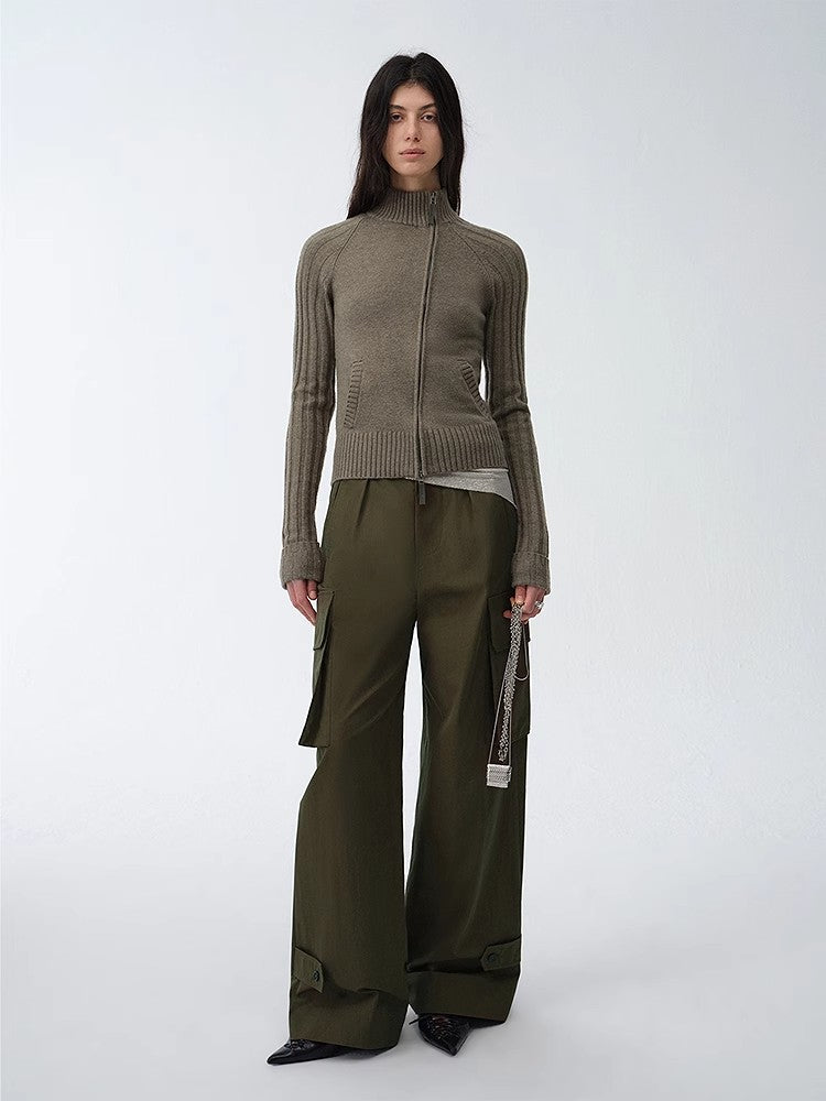 "Leisure First" Personalized three-dimensional large patch pocket straight wide-leg work trousers-0