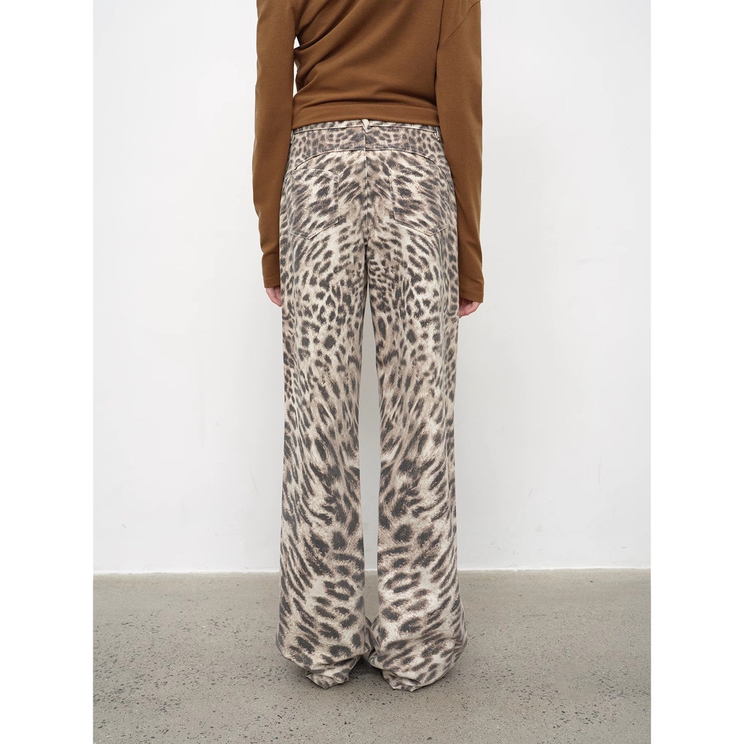 “Wild roar”vintage original leopard print Turkish imported washed slimming straight-leg bootcut jeans-4