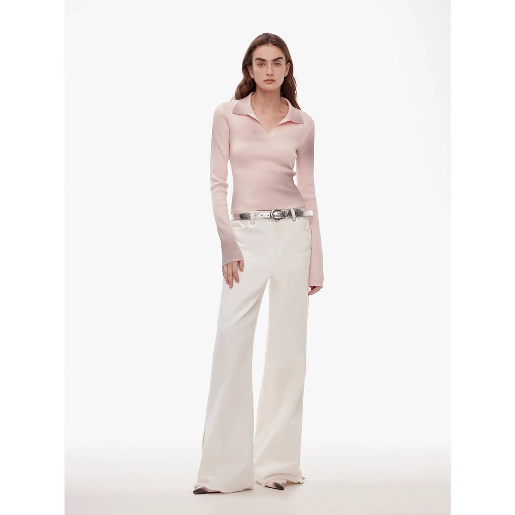 Vintage style curved split design enzyme wash process wide-leg micro-lapel mid-low waist denim pants-0