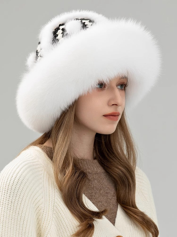 Ethnic style mink warm ear protection fox fur bucket hat-3