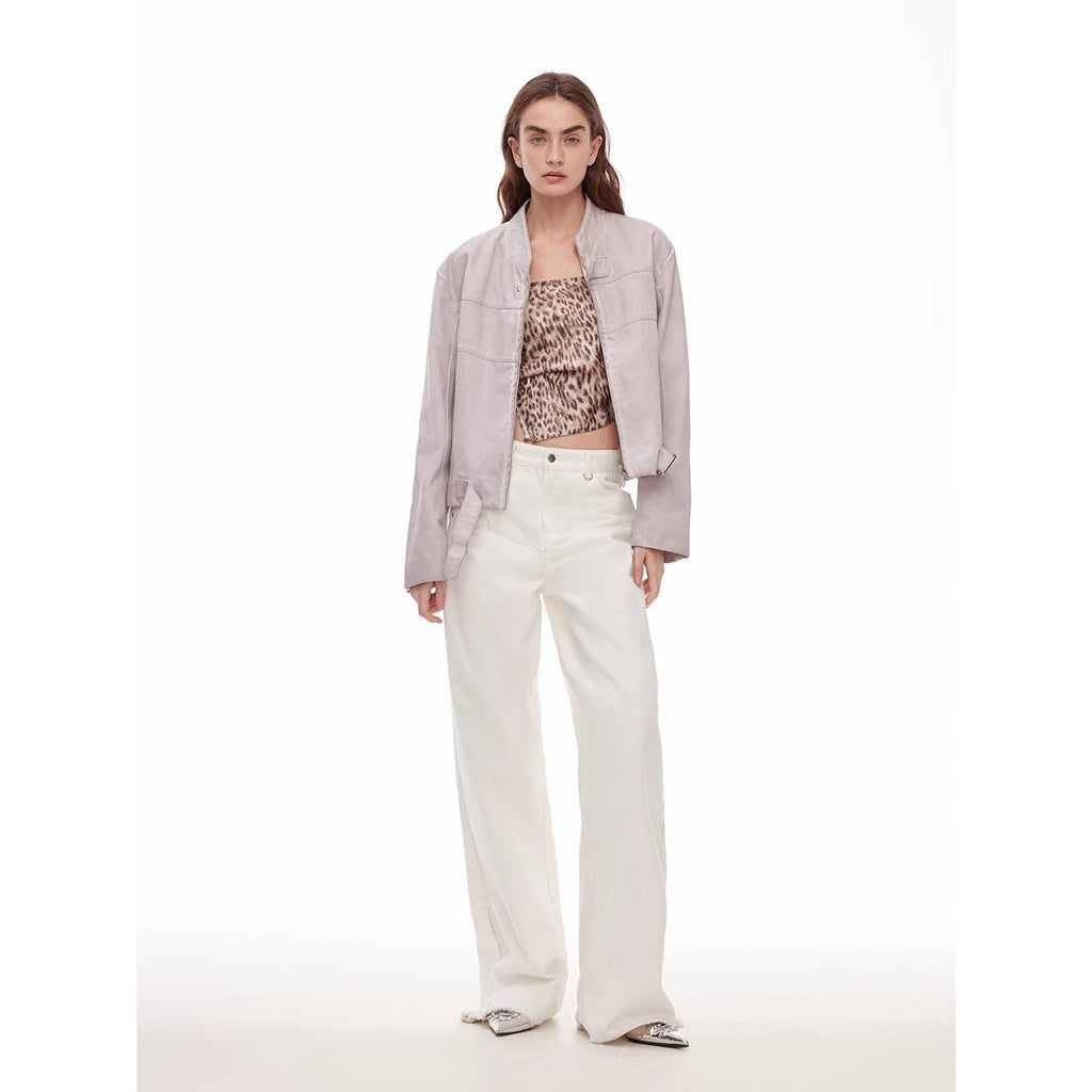 Vintage style curved split design enzyme wash process wide-leg micro-lapel mid-low waist denim pants-1