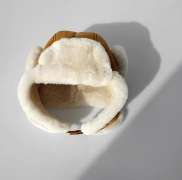 Merino wool warm earmuffs genuine leather suede aviator hat-2