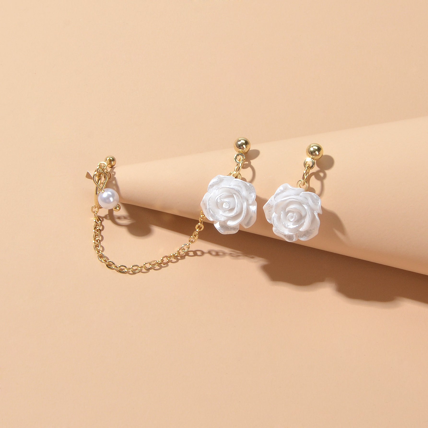 Cartilage Jewelry Pearl White Flower Ear Cuff Stud Cartilage Asymmetric Earrings-0