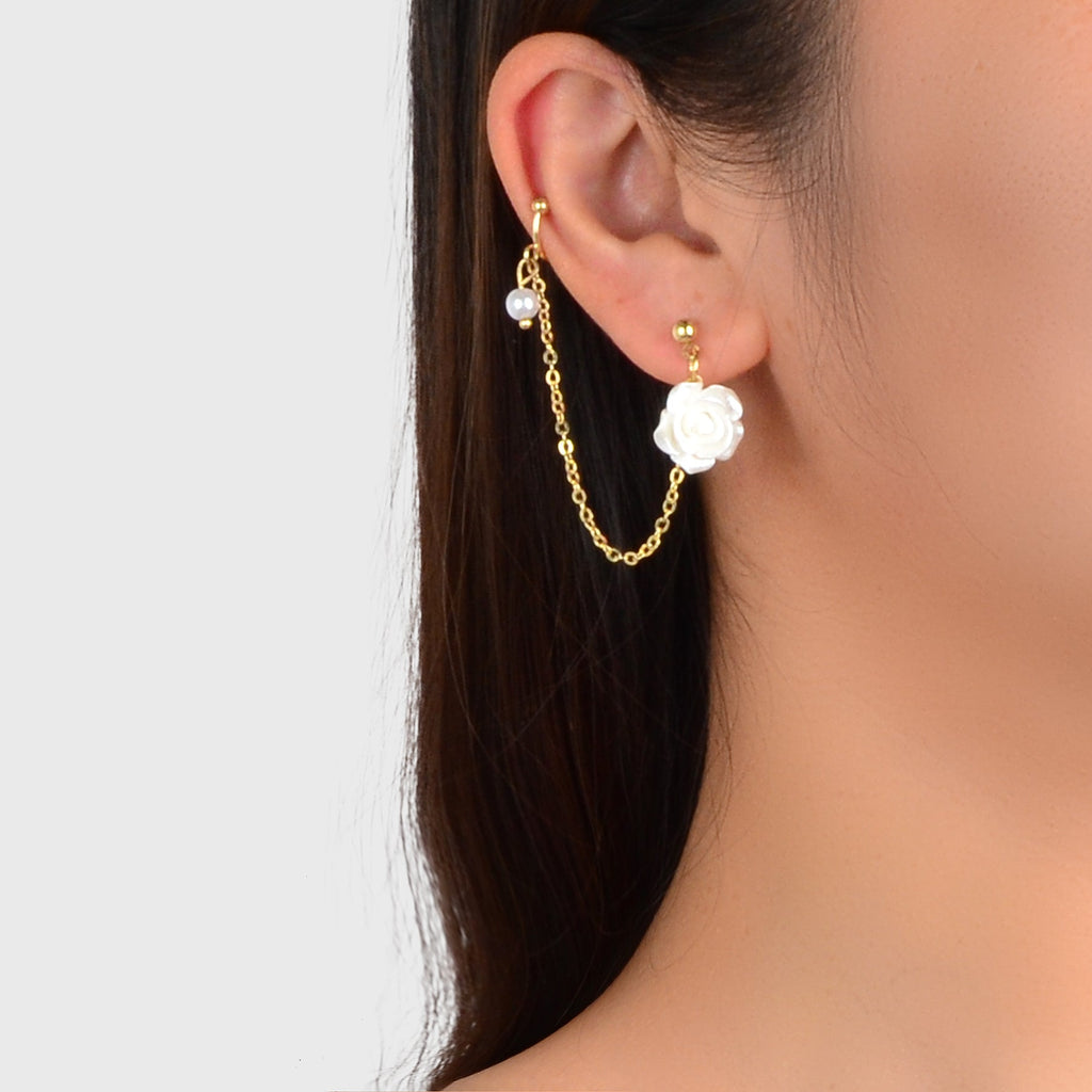 Cartilage Jewelry Pearl White Flower Ear Cuff Stud Cartilage Asymmetric Earrings-3