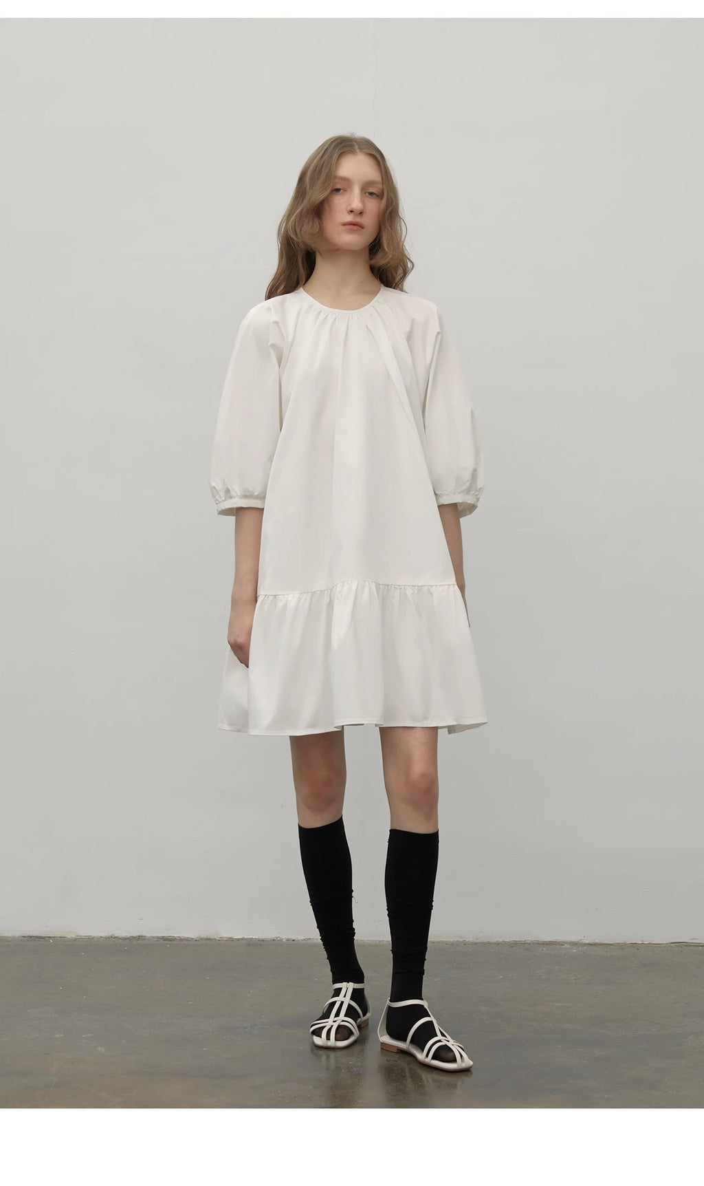 "Dream Island" Hepburn style white dress temperament high-end puff sleeve dress for women-1