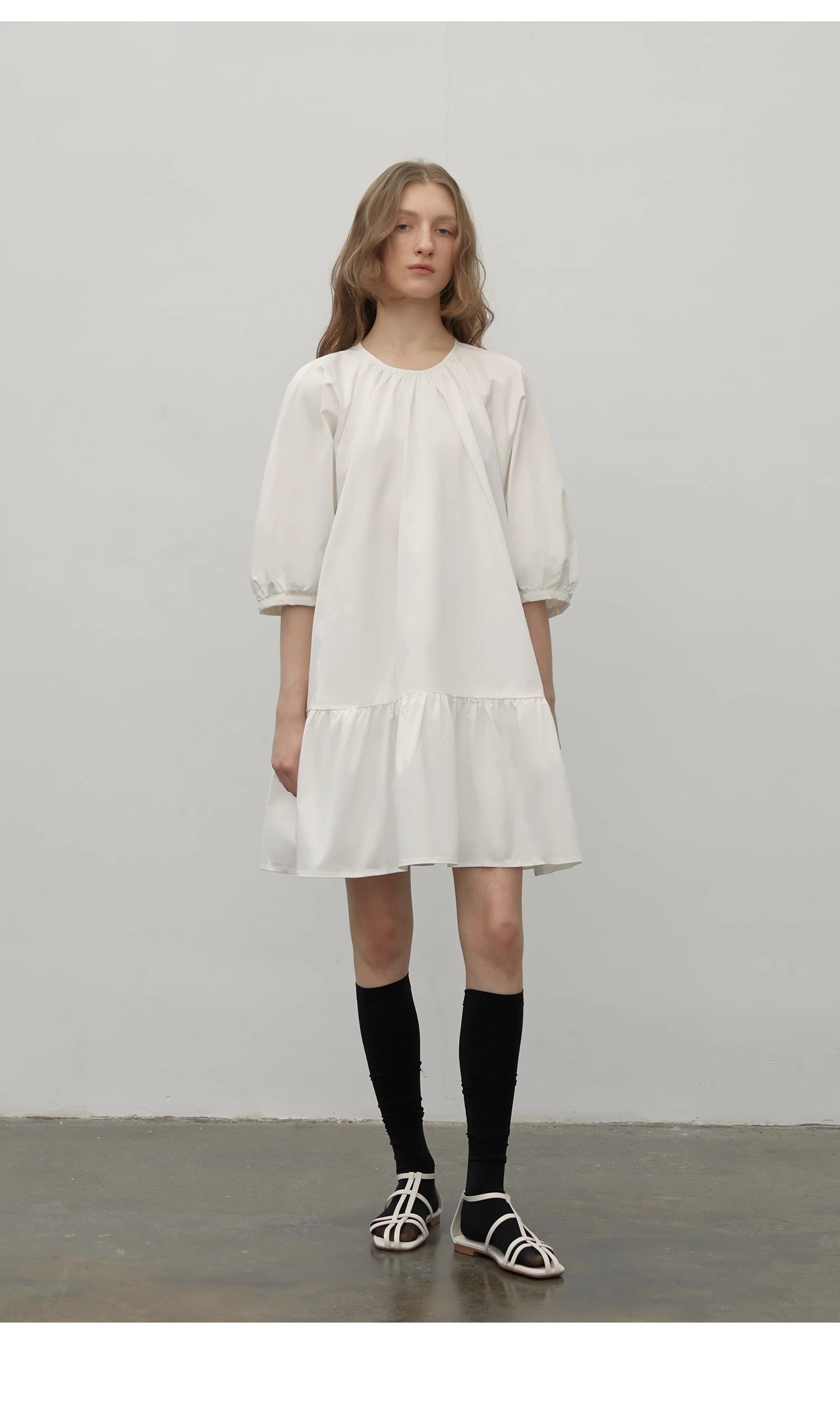 "Dream Island" Hepburn style white dress temperament high-end puff sleeve dress for women-1
