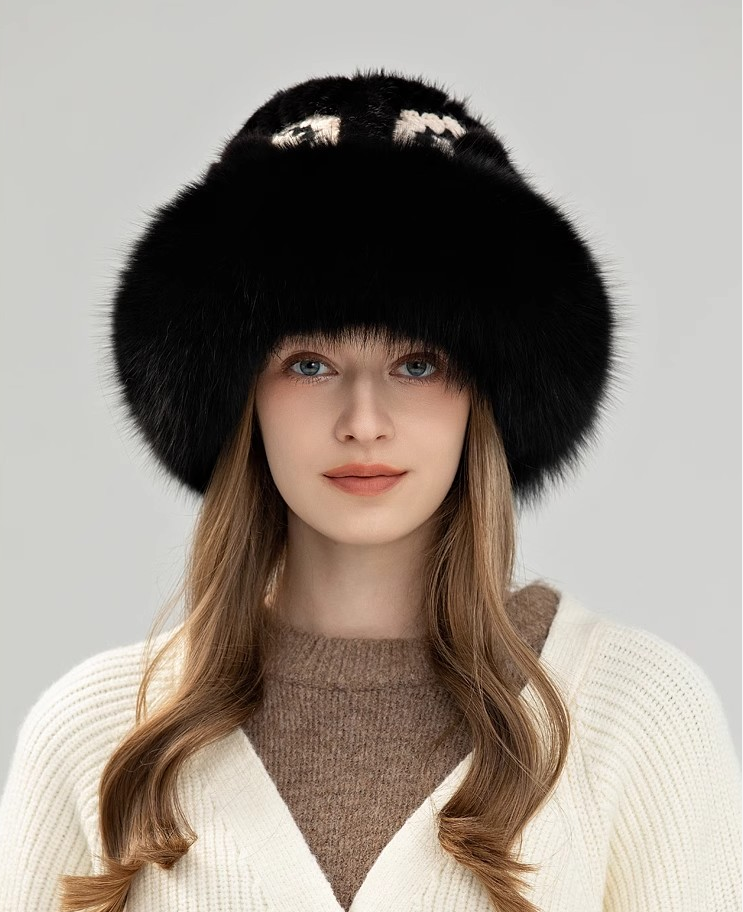 Ethnic style mink warm ear protection fox fur bucket hat-5