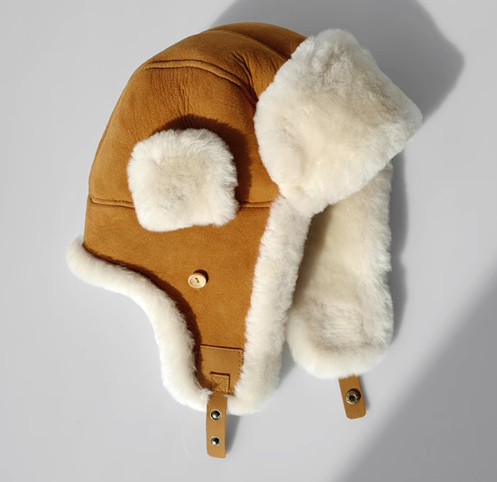Merino wool warm earmuffs genuine leather suede aviator hat-0