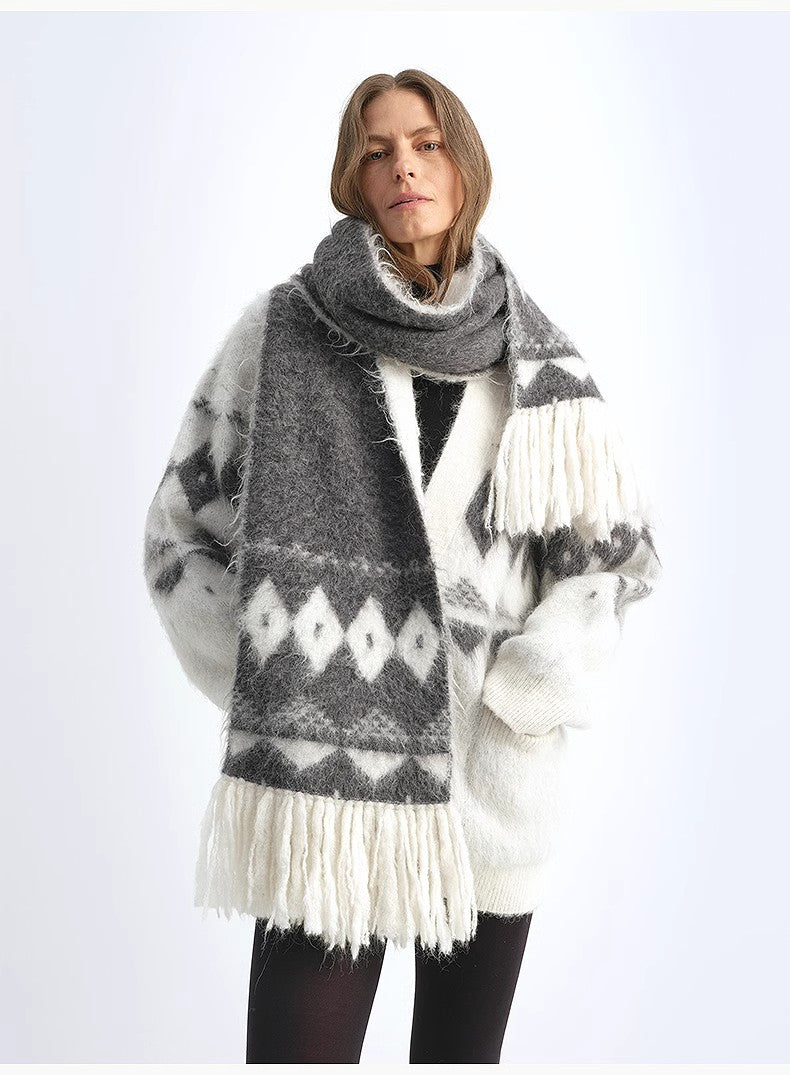 Nepal alpaca wool color clashing jacquard tassel scarf women winter warm shawl 190*27-0