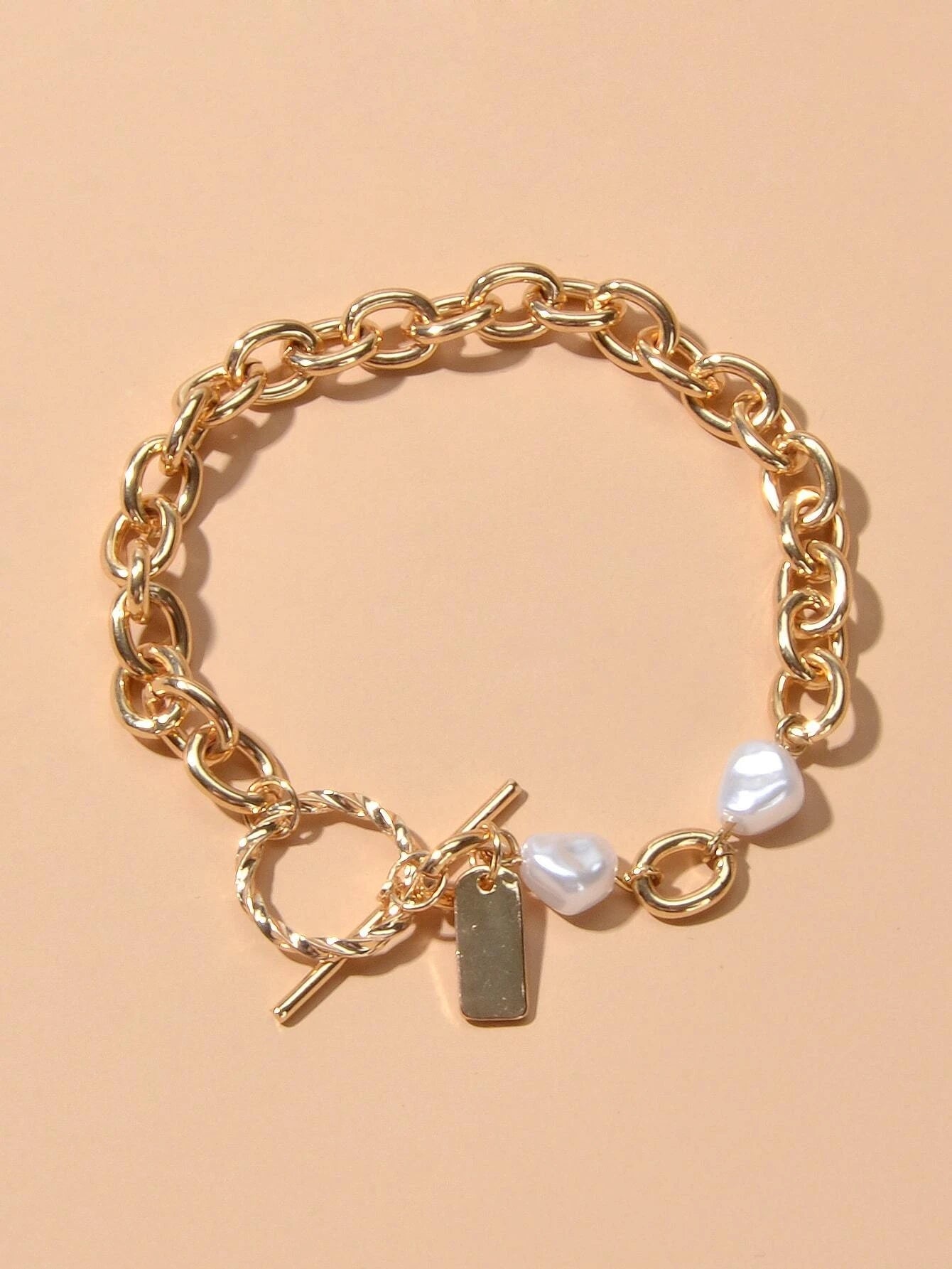 Pearl Decor Letter Tag Charm Heavy Solid Chain Buckle Bracelet Textured Jewelry-0
