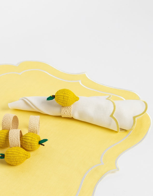 Linen Table Placemet and Napkins Set with Embroidered Scalloped Edges