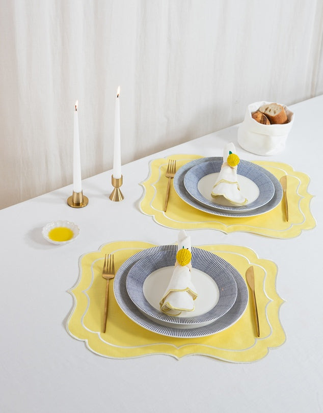 Linen Table Placemet and Napkins Set with Embroidered Scalloped Edges