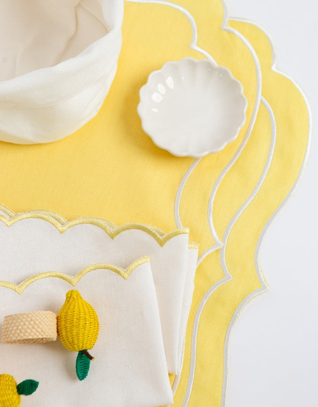 Linen Table Placemet and Napkins Set with Embroidered Scalloped Edges