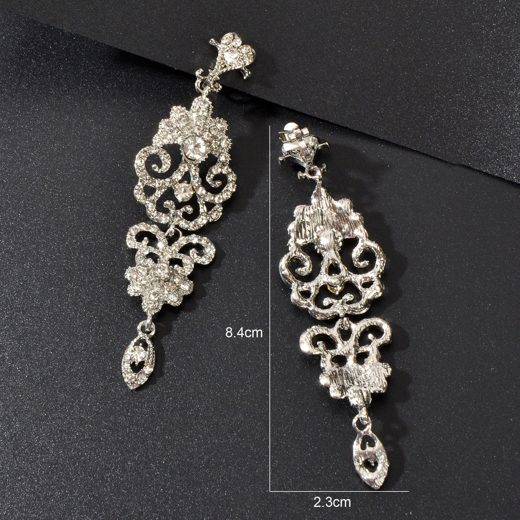 Luxury Rhinestones Silver Hollow Carving Pendant Earrings Banquet Wedding Jewellery-3