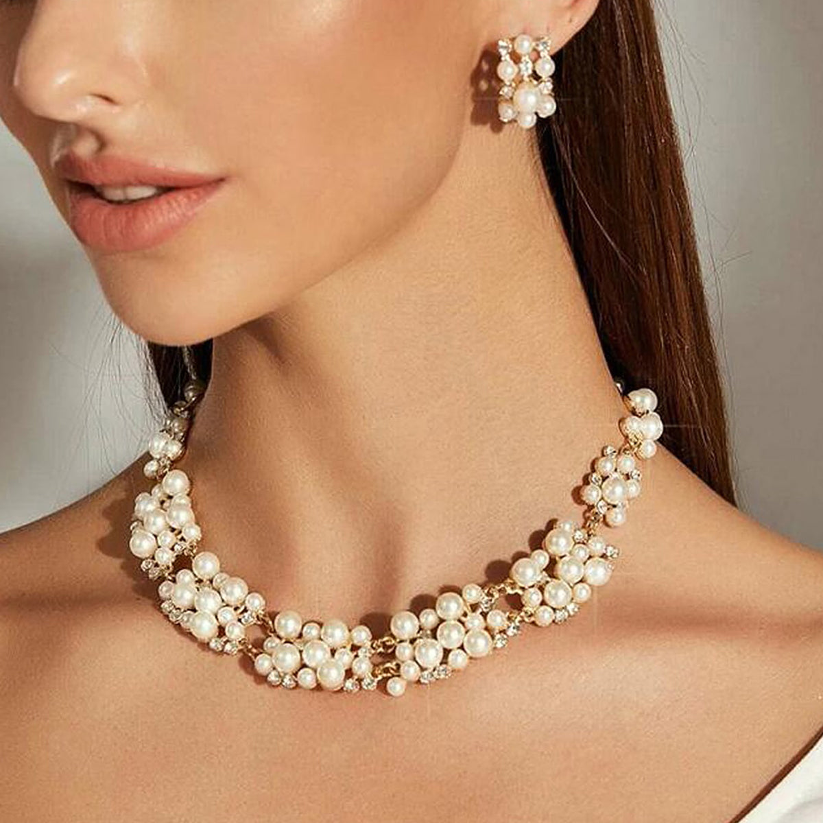Rhinestone Pearl Collar Necklace Stud Earrings Luxurious Engagement Jewelry Set-5
