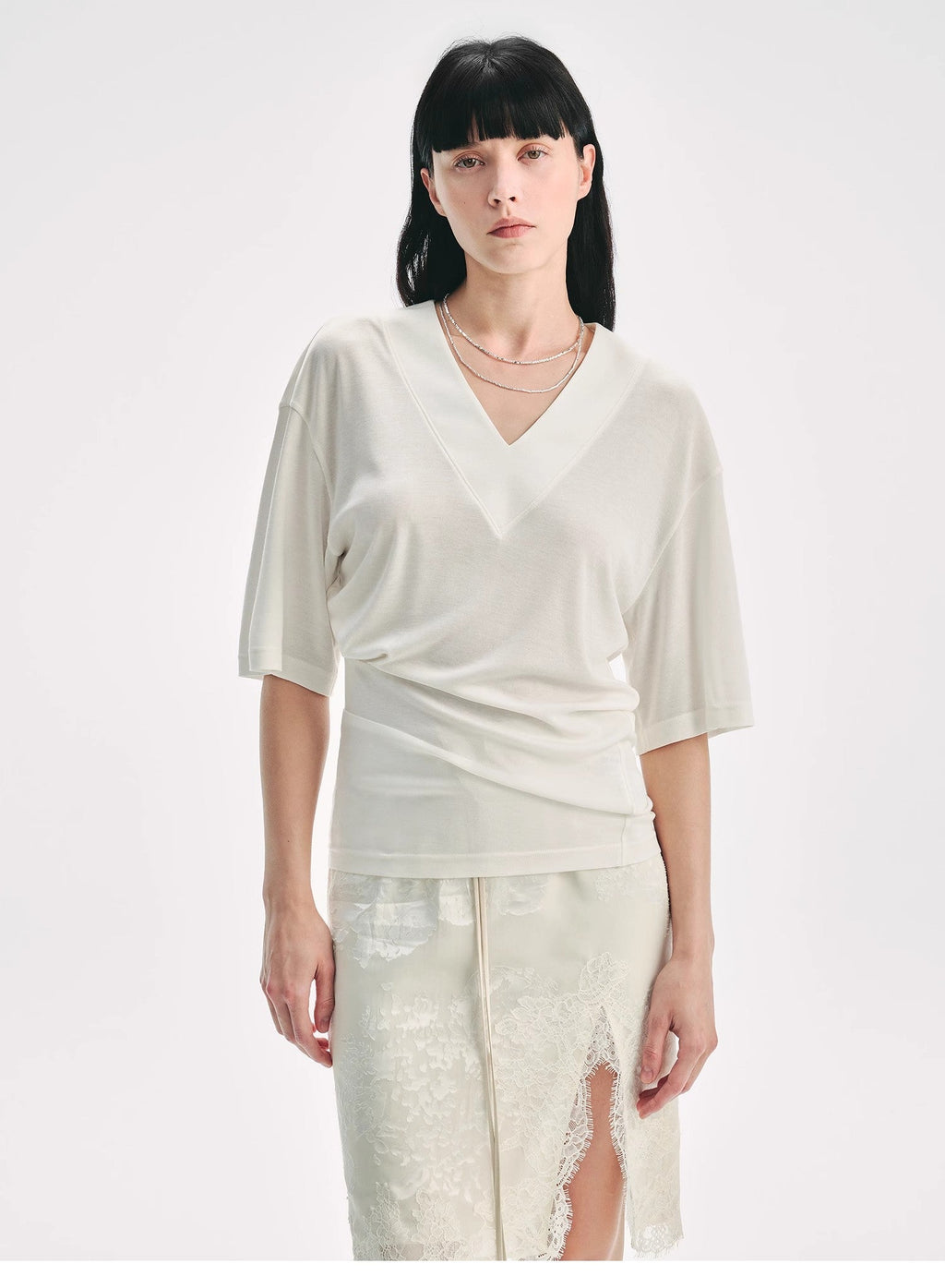 Silk Tencel V-neck loose dropped shoulder T-shirt