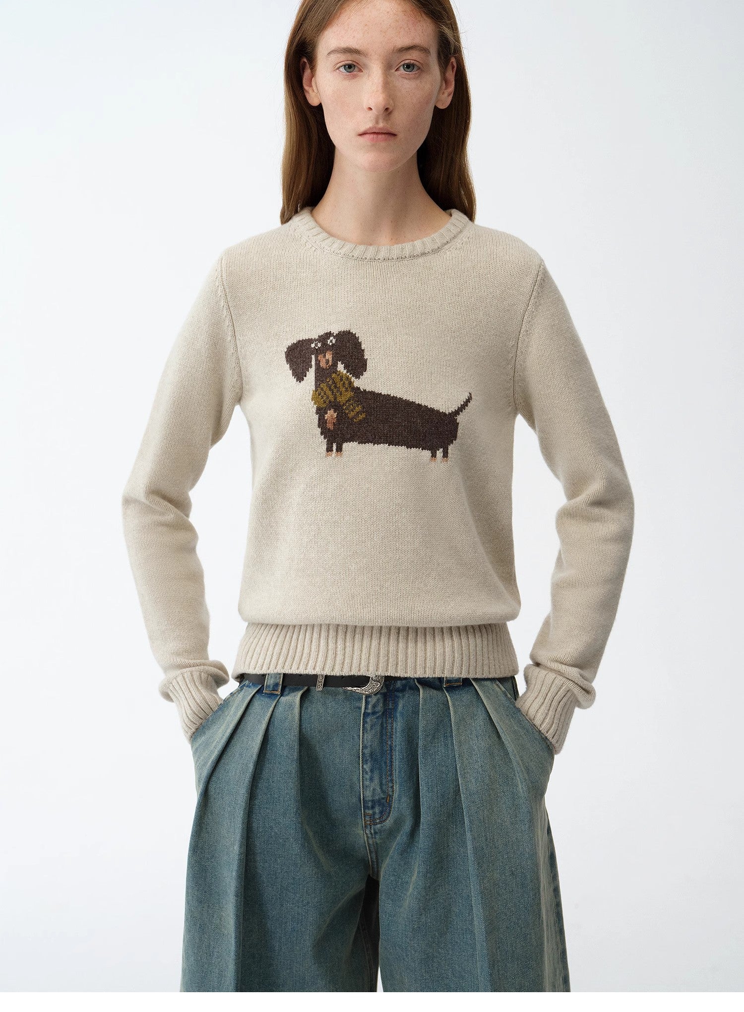 Animal design pattern Merino Wool Cotton Blend Round Neck Long Sleeve Sweater，"Brani"-1