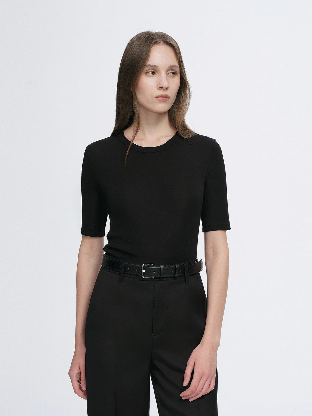 Fitted waist slimming round neck Tencel cashmere versatile short-sleeved T-shirt-4