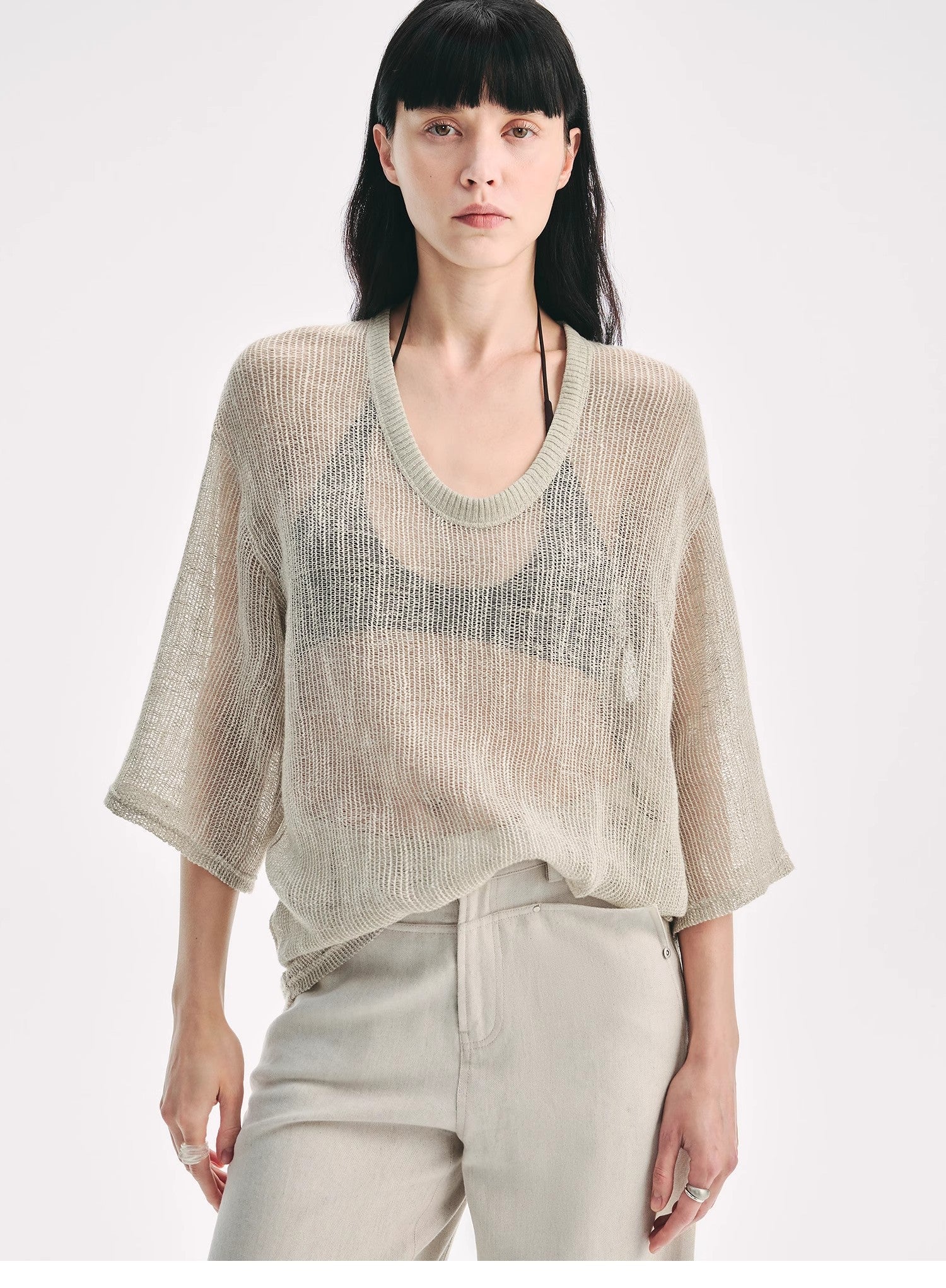 Loose U-neck 3/4 sleeve cotton and linen T-shirt summer"Inspiration Starts"-5