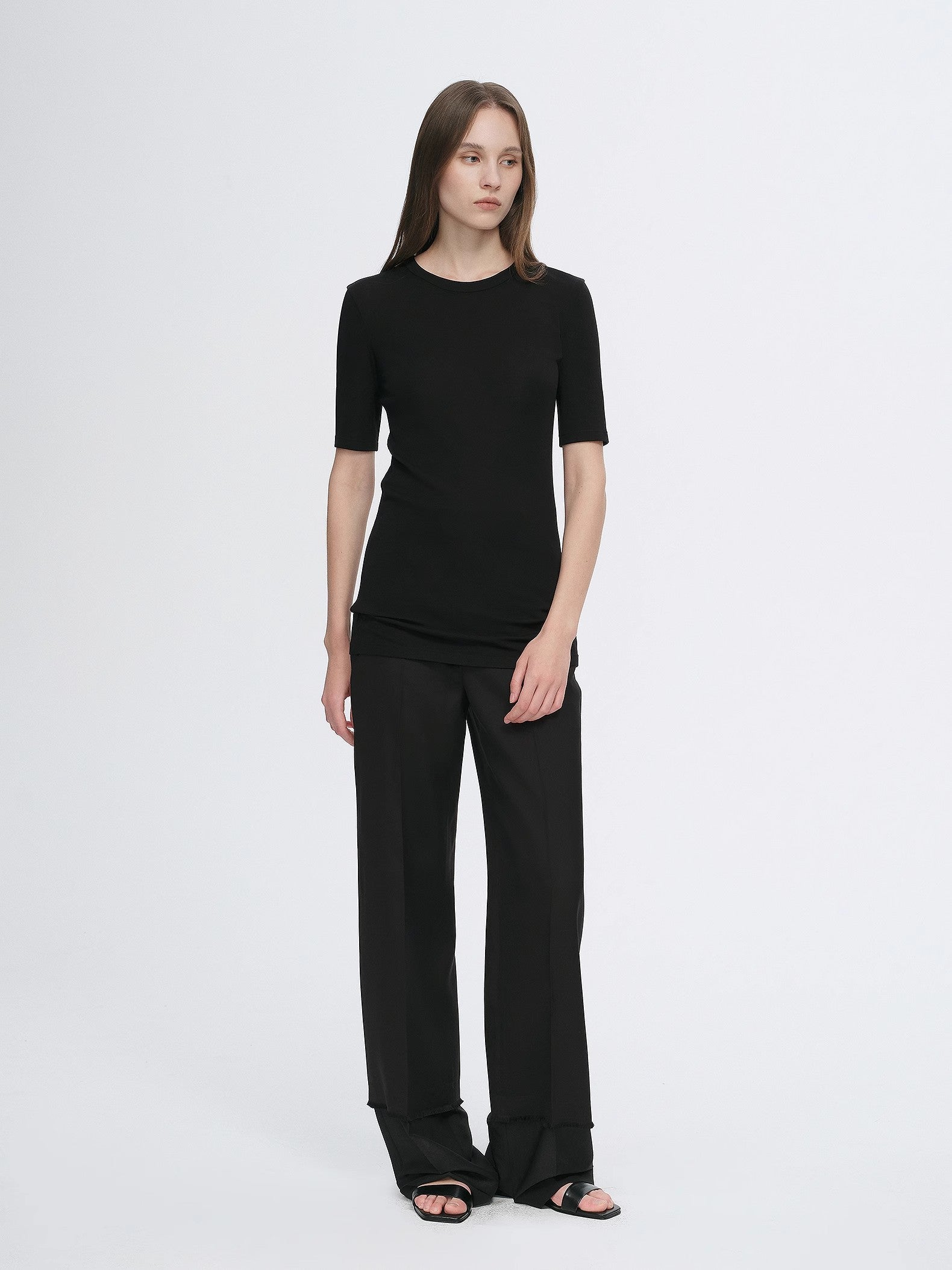 Fitted waist slimming round neck Tencel cashmere versatile short-sleeved T-shirt-0