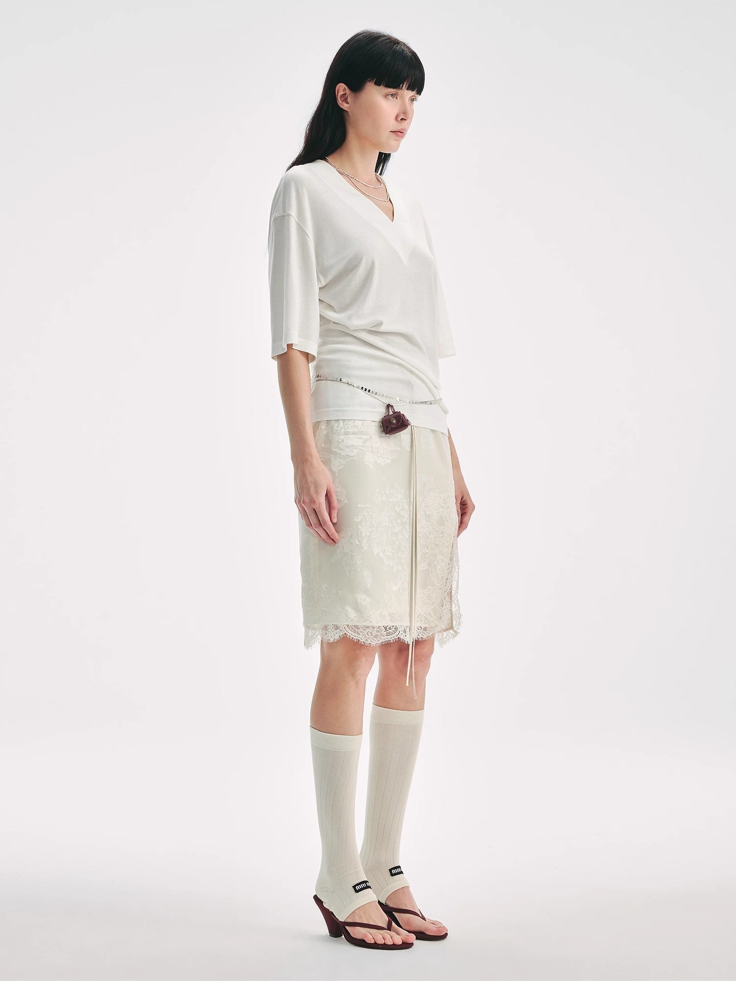 Silk Tencel V-neck loose dropped shoulder T-shirt