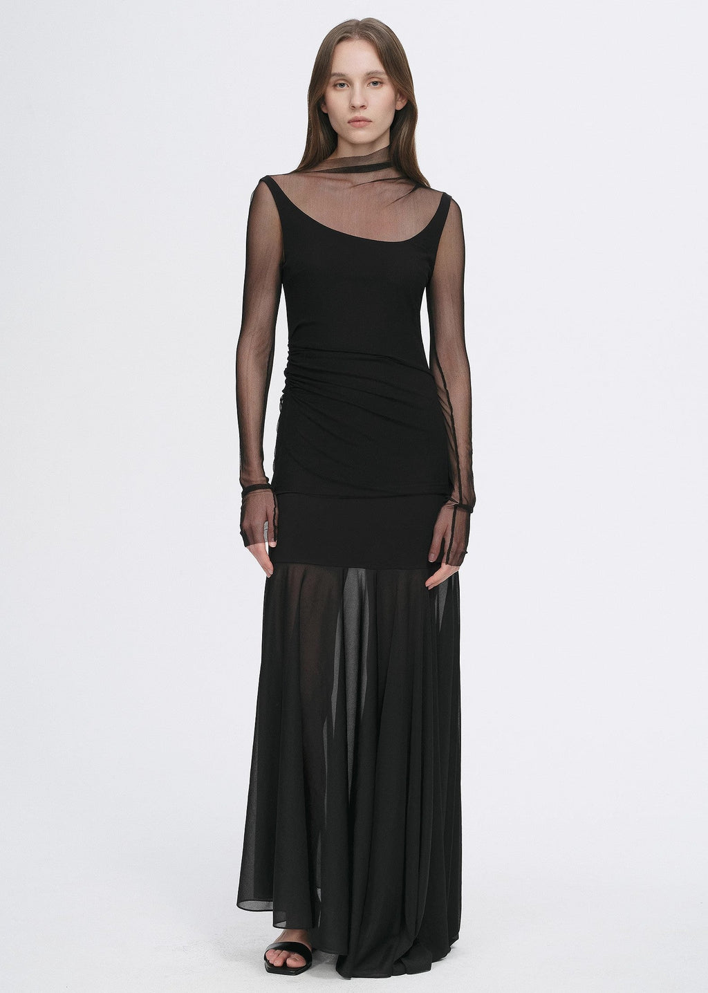 Double-layer transparent oblique collar pinched pleat half-high collar slim fit fake two-piece knitted T-shirt tops for women-0