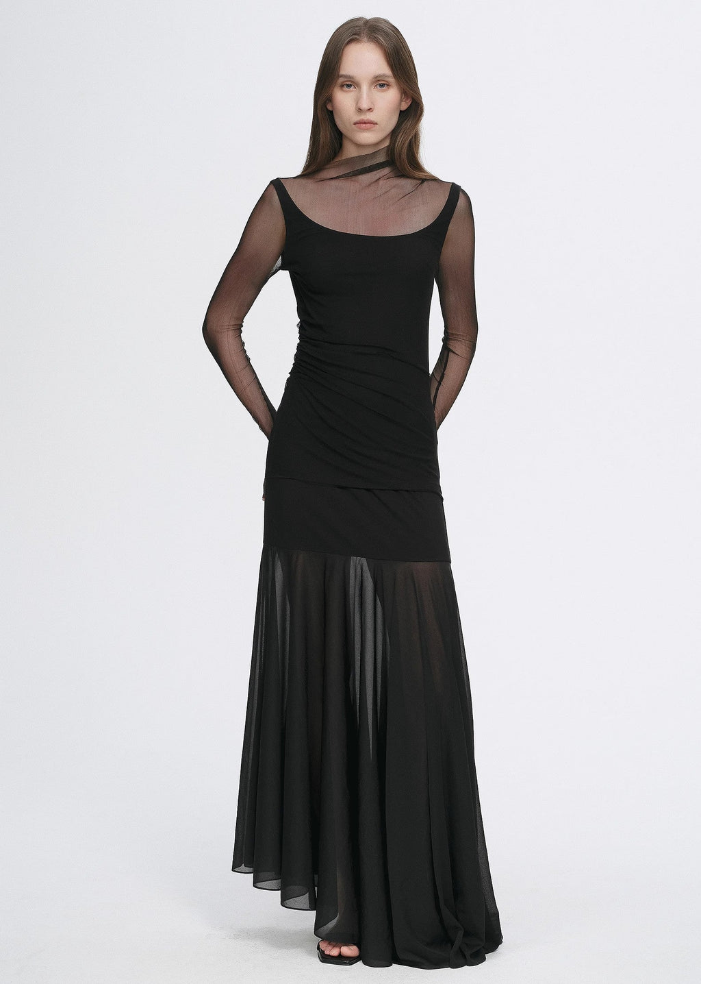 Double-layer transparent oblique collar pinched pleat half-high collar slim fit fake two-piece knitted T-shirt tops for women-4