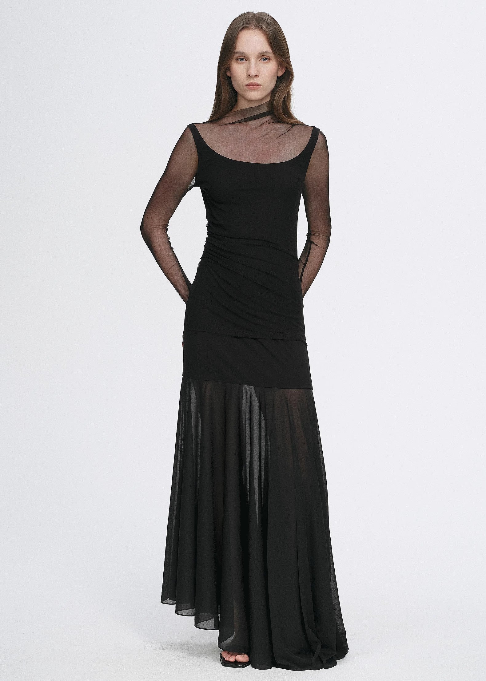 Double-layer transparent oblique collar pinched pleat half-high collar slim fit fake two-piece knitted T-shirt tops for women-4