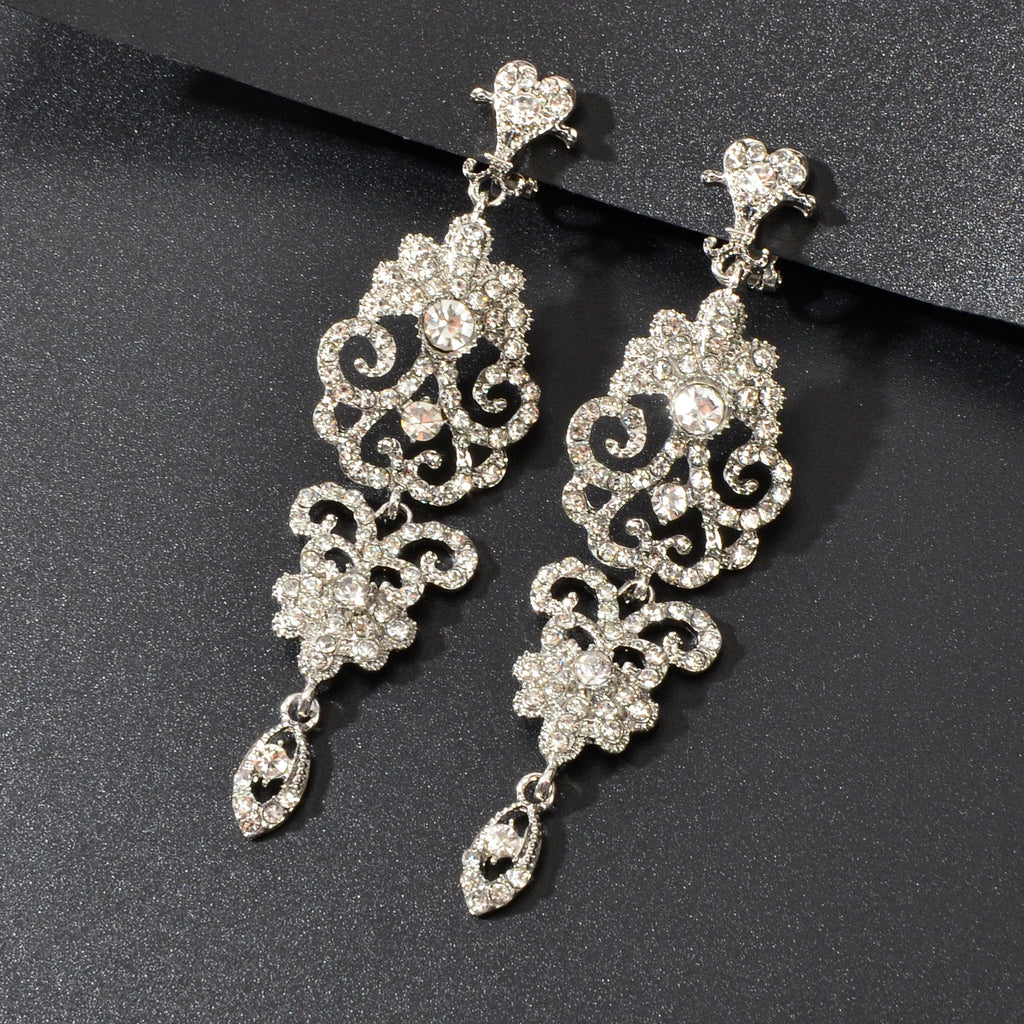 Luxury Rhinestones Silver Hollow Carving Pendant Earrings Banquet Wedding Jewellery-4