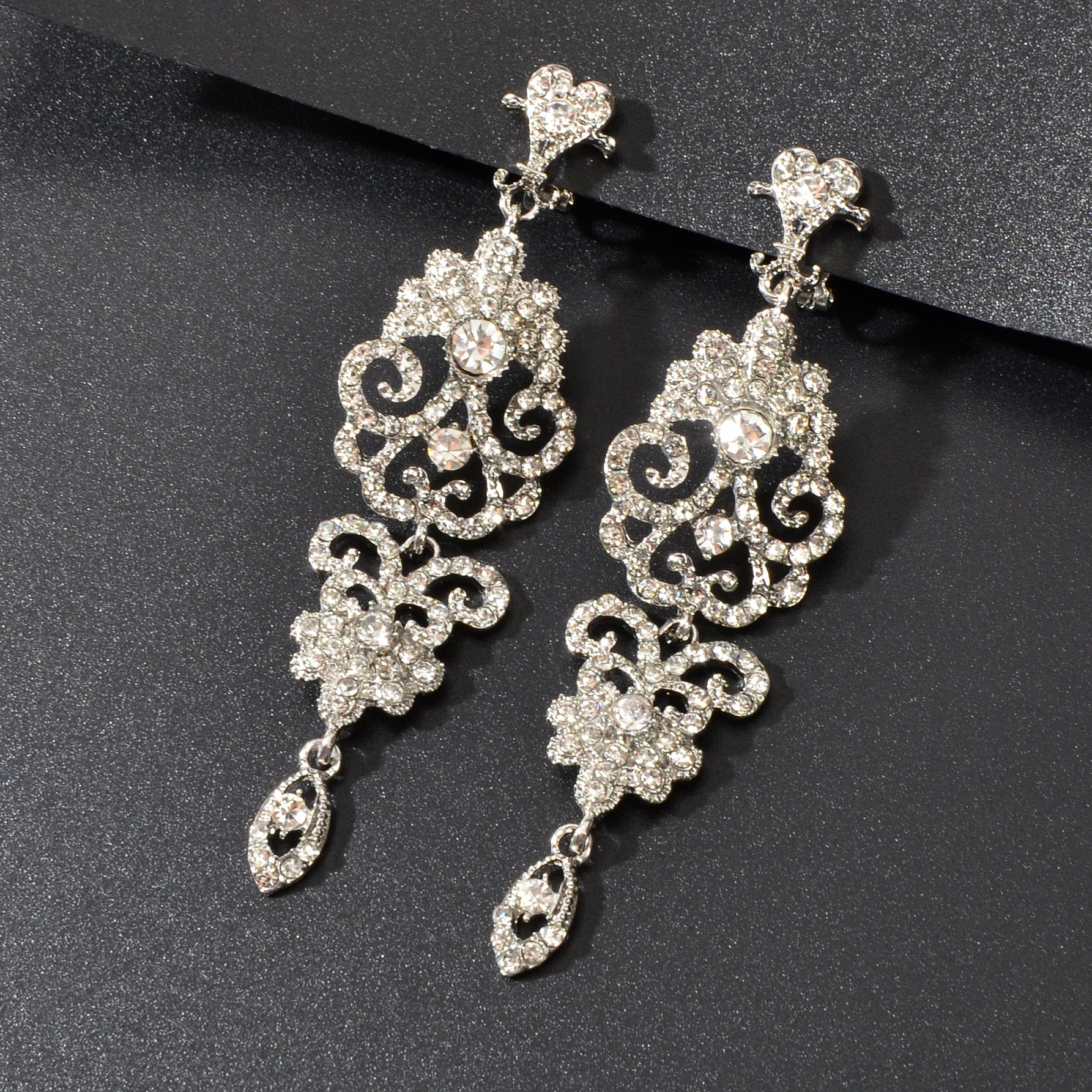 Luxury Rhinestones Silver Hollow Carving Pendant Earrings Banquet Wedding Jewellery-4