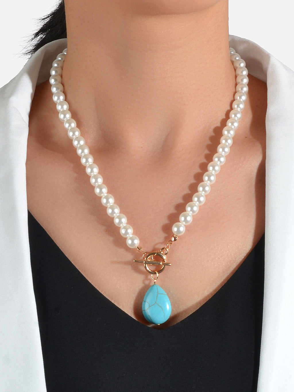 Retro Designer Bohemian Jewellery Simulated Pearl Chain Turquoise Charm Necklace-0