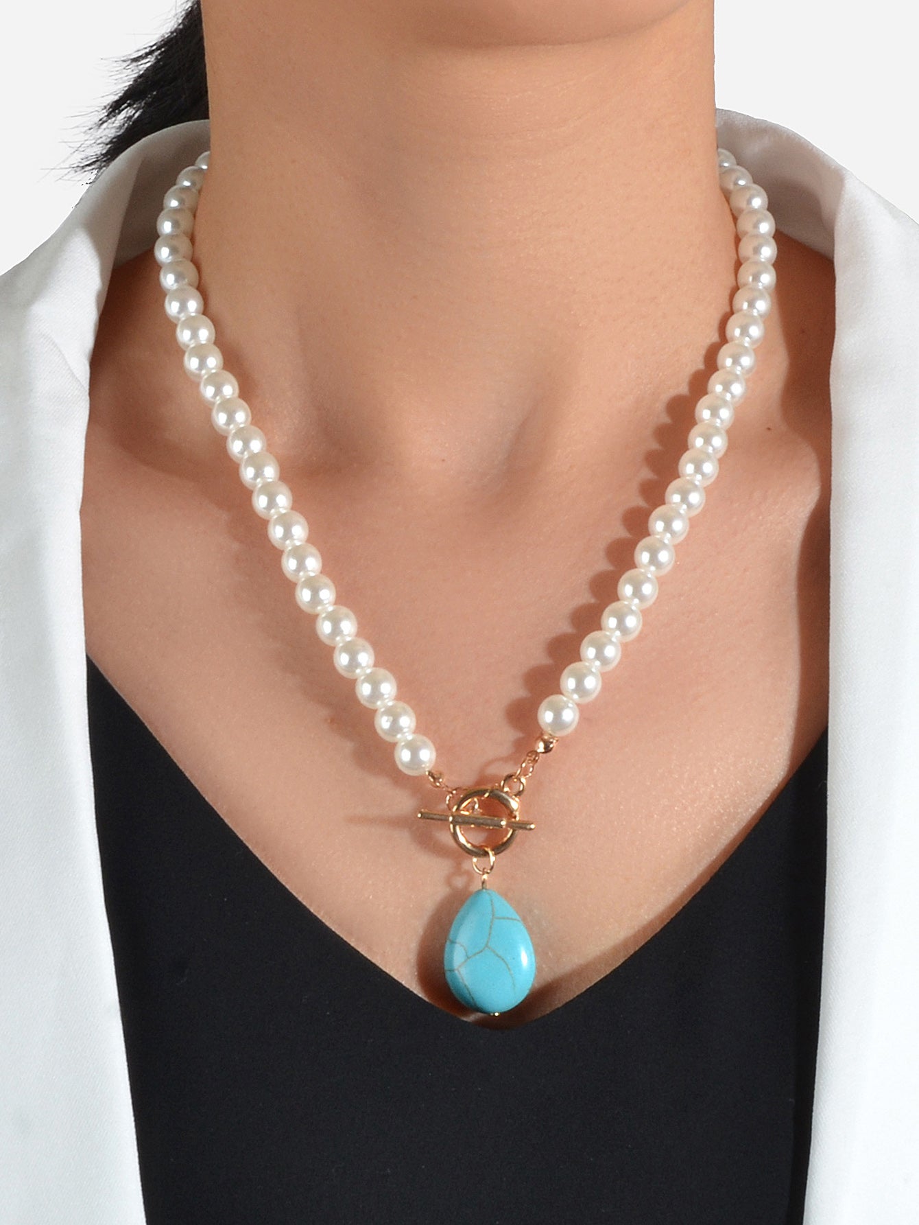 Retro Designer Bohemian Jewellery Simulated Pearl Chain Turquoise Charm Necklace-0