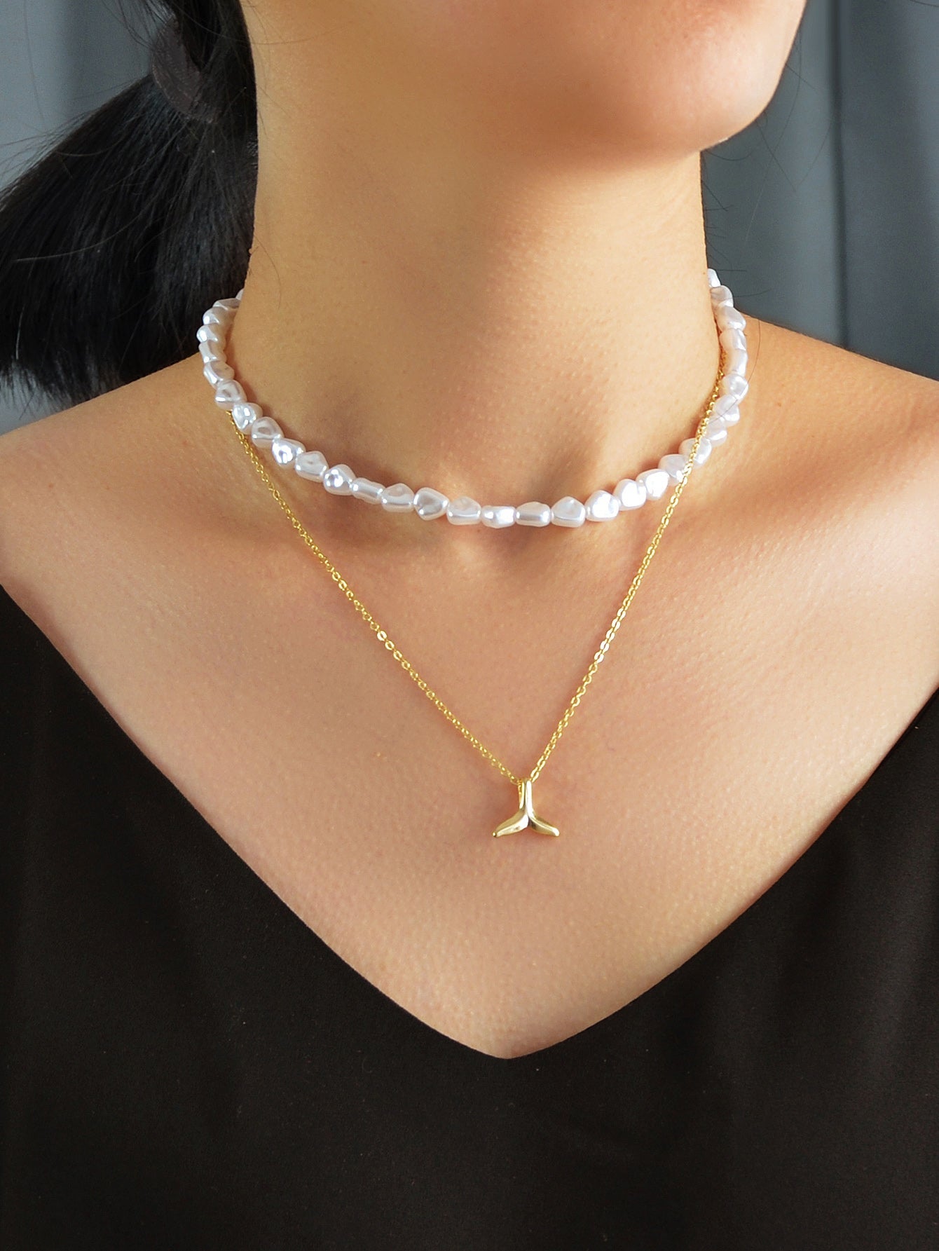 Textured Accessories Double layer Chain Pearl Choker Fish Tail Pendant Necklace-0